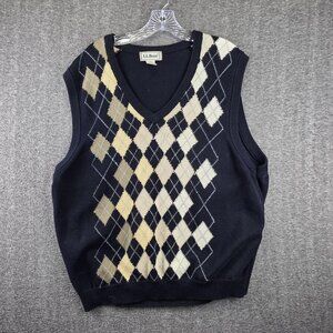 L.L.Bean Sweater Vest Mens Large Blue Argyle 100% Cotton V Neck Knit Pullover